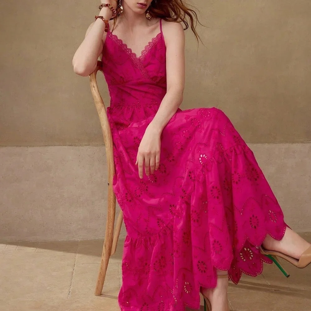 Hot Pink Elegant Women's Ruffle Hem Zipper Dress - Picture 5 of 7